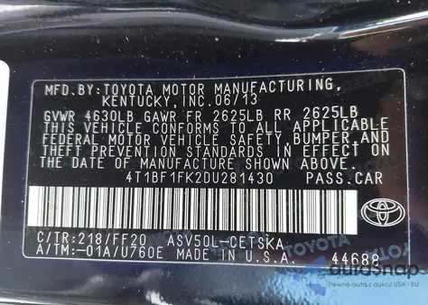 2013 Toyota Camry Se z USA, uszkodzony, nr VIN 4T1BF1FK2DU281430